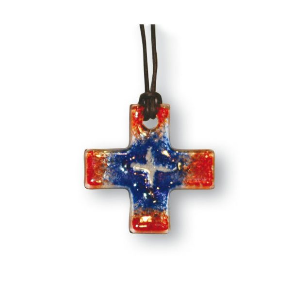 Glas Kreuz Anhänger (Fusing-Glas) 4,5cm + Lederband