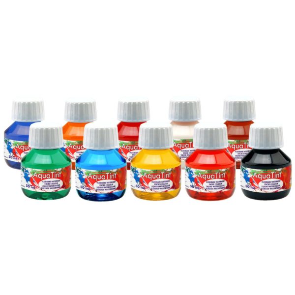 10er Set Aquatint flüssige Wasserfarben 10 x 50ml - dklrot hellrot gelb orange hellblau dklblau dklgrün braun schwarz weiß | Bejol Bastelshop