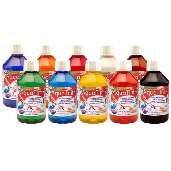 10er Set Aquatint flüssige Wasserfarben 10 x 250ml - dklrot hellrot gelb orange hellblau dklblau dklgrün braun schwarz weiß | Bejol Bastelshop