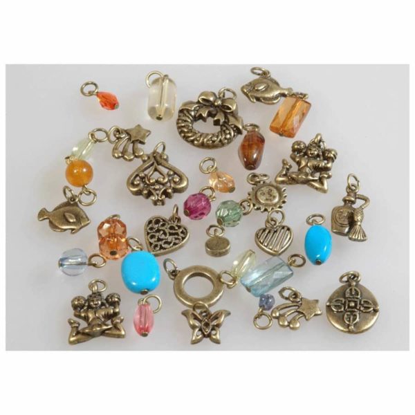 32 Charms Anhänger - Mix 12 Charms & 20 Perlen Anhänger Farbe Bronze/Altgold | Bejol Bastelshop