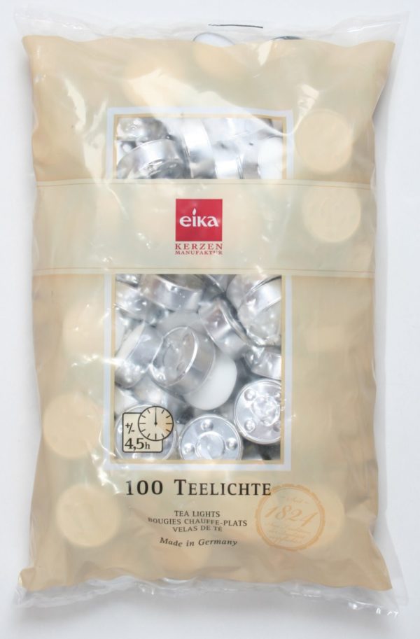 100 Eika Teelichter in Alu-Schalen, Durchmesser 38mm, Höhe 17mm, Brenndauer 4,5 h