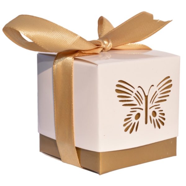 10er Pack Geschenkschachtel Schmetterling gold Deckel weiß 5x5x5cm