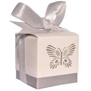 10er Pack Geschenkschachtel Schmetterling silber Deckel weiß 5x5x5cm