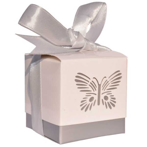 10er Pack Geschenkschachtel Schmetterling silber Deckel weiß 5x5x5cm | Bejol Bastelshop