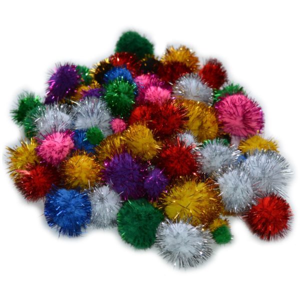 Glitter Pompons - Glitzer Pom Pom mit Metallfäden, 100 Stück in 5 Größen und 9 Farben sortiert | Bejol Bastelshop