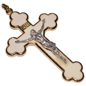 Kruzifix Metall Kreuz Anhänger Kleeblattkreuz, weiß 8,5cm