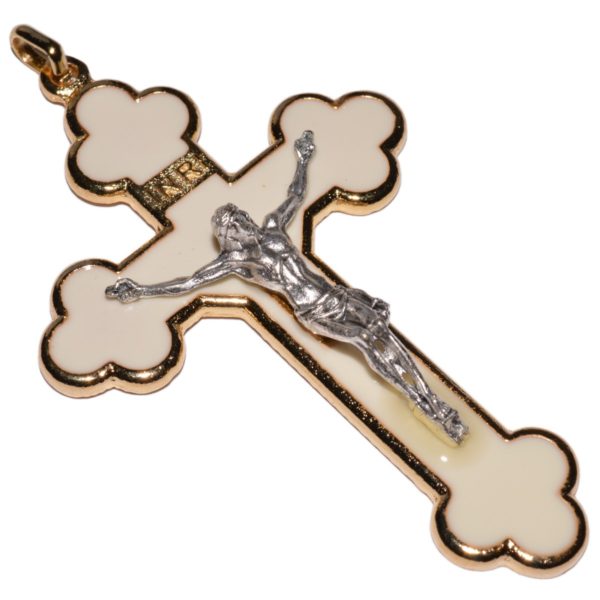 Kruzifix Metall Kreuz Anhänger Kleeblattkreuz, weiß 8,5cm