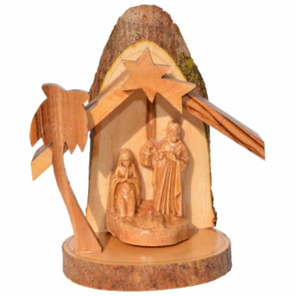 Olivenholz Krippe aus Bethlehem mit Baumrinde handgeschnitzt 10cm | Bejol Bastelshop