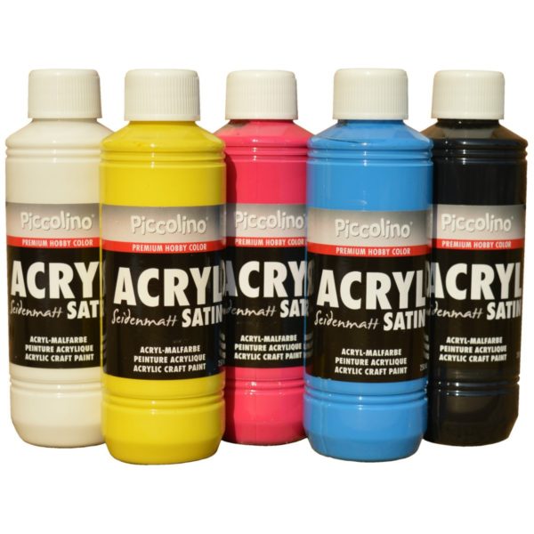 Acrylfarben seidenmatt Primärfarben Set 5x250ml - Piccolino Acryl Satin, Premium Hobby Color