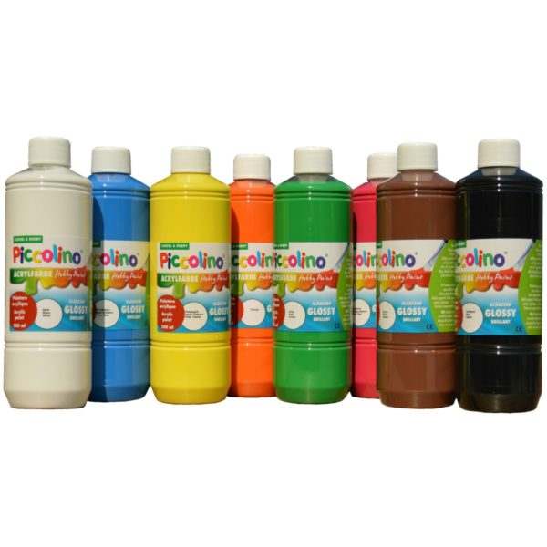 Acrylfarben Set 8x500ml Piccolino Hobby Paint glänzend - 8 Flaschen je 500ml