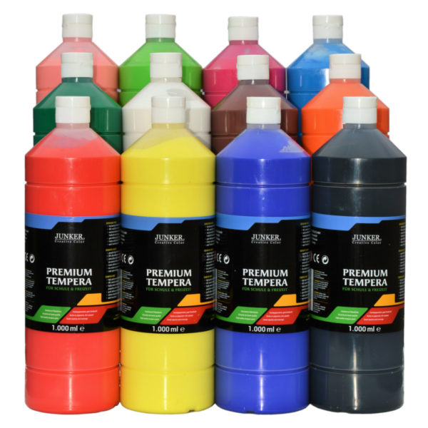 Schulmalfarben Set 12x1000ml - JUNKER Premium Tempera für Schule & Hobby