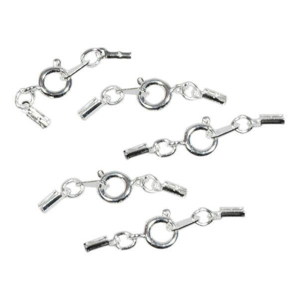 Federringverschluss Springring 6mm versilbert mit Klemm-Endstück für Bänder, 5 Stk