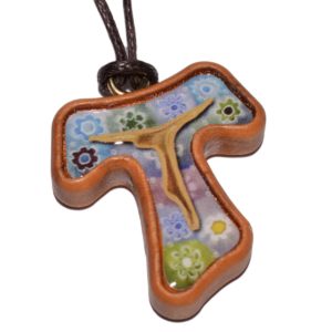 Umhängekreuz Olivenholz Tau-Kreuz Anhänger Einlage im Murano-Stil 3cm