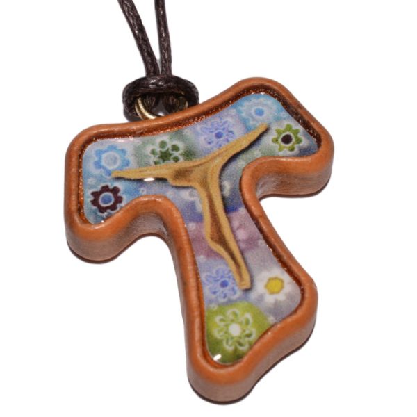 Umhängekreuz Olivenholz Tau-Kreuz Anhänger Einlage im Murano-Stil 3cm