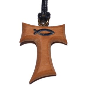 Umhängekreuz Olivenholz Taukreuz Anhänger Fisch blau 2,3cm am Band blau