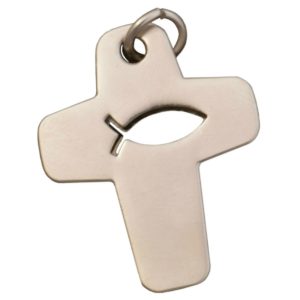 Kreuz Anhänger mit Ichthys Fisch, Edelstahl Aluminium silber-farben 3,4cm
