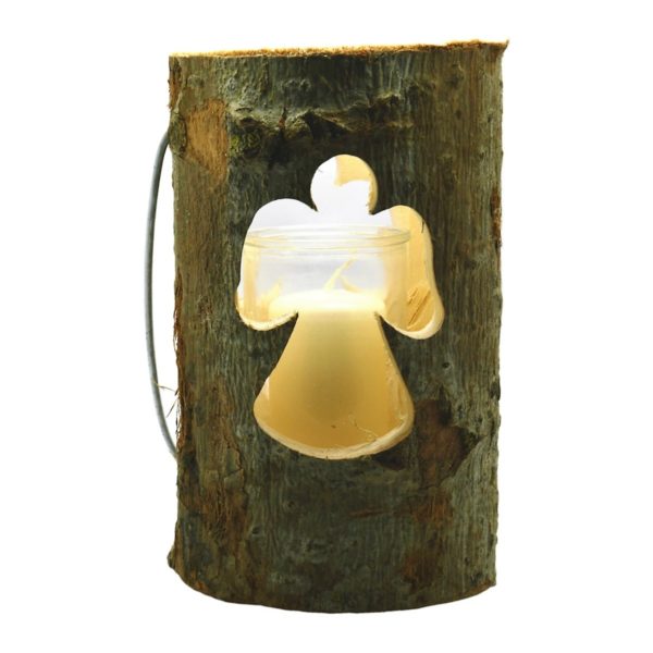 Windlicht groß - Holz Baumstamm Engel mit Glas & Kerze, 18x13cm | Bejol Bastelshop