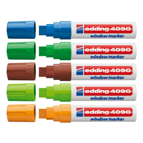 edding 4090-099 - dicker Windowmarker, Fenstermarker Strichbreite 4-15 mm - 5er-Set sortiert, blau, grün, braun, hellgrün, orange | Bejol Bastelshop