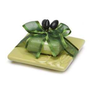 Oliven Seife Savon de Marseille 25g auf Keramik Schale 7x7cm, ideal zum Verschenken